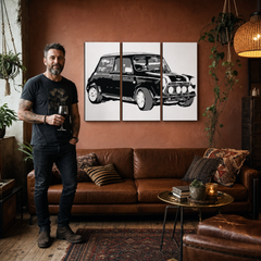 Tablou POP ART pictat manual MINI COOPER 3 piese mini – tablou într-un interior modern masculin, vizualizare lifestyle. Culori dominante: negru, alb, gri.