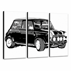 Tablou POP ART pictat manual MINI COOPER 3 piese mini – Vizualizare 3D a tabloului pictat manual pe fundal alb. Culori dominante: negru, alb, gri.