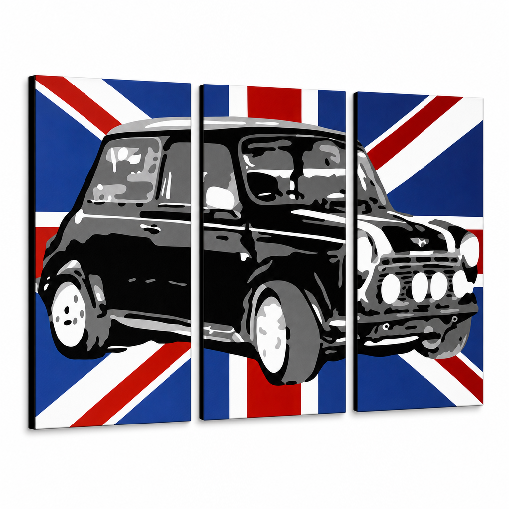 Tablou POP ART pictat manual MINI COOPER 3 piese mini2 – Vizualizare 3D a tabloului pictat manual pe fundal alb. Culori dominante: negru, albastru, alb.