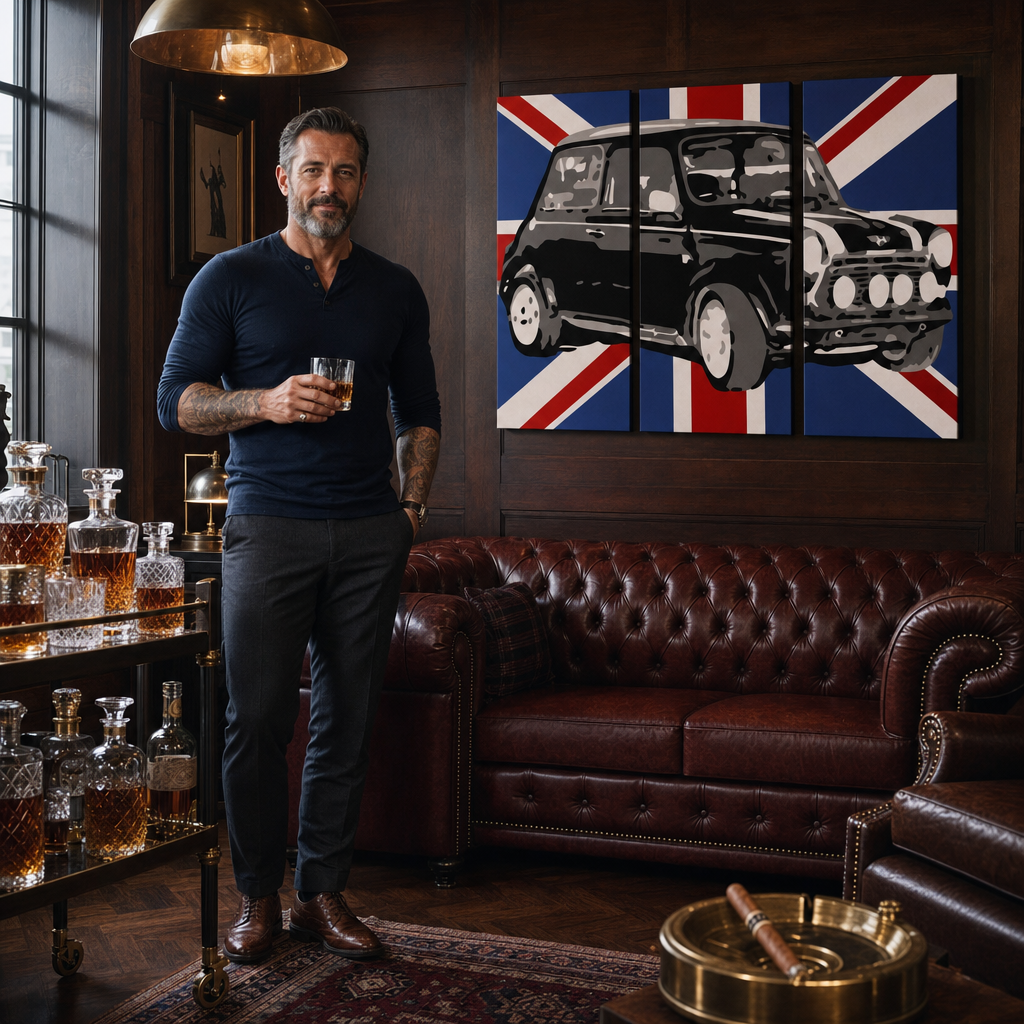 Tablou POP ART pictat manual MINI COOPER 3 piese mini2 – tablou într-un interior modern masculin, vizualizare lifestyle. Culori dominante: negru, albastru, alb.