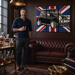 Tablou POP ART pictat manual MINI COOPER 3 piese mini2 – tablou într-un interior modern masculin, vizualizare lifestyle. Culori dominante: negru, albastru, alb.