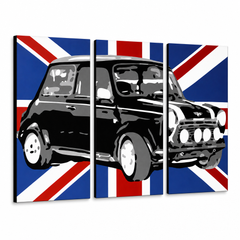 Tablou POP ART pictat manual MINI COOPER 3 piese mini2 – Vizualizare 3D a tabloului pictat manual pe fundal alb. Culori dominante: negru, albastru, alb.