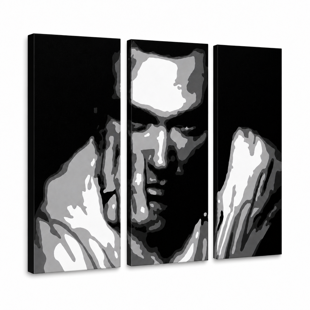 Tablou POP ART pictat manual Morrisey 3 bucăți ciumă – Vizualizare 3D a tabloului pictat manual pe fundal alb. Culori dominante: negru, alb, gri.