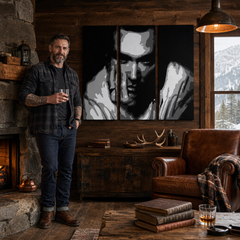Tablou POP ART pictat manual Morrisey 3 bucăți ciumă – tablou într-un interior modern masculin, vizualizare lifestyle. Culori dominante: negru, alb, gri.