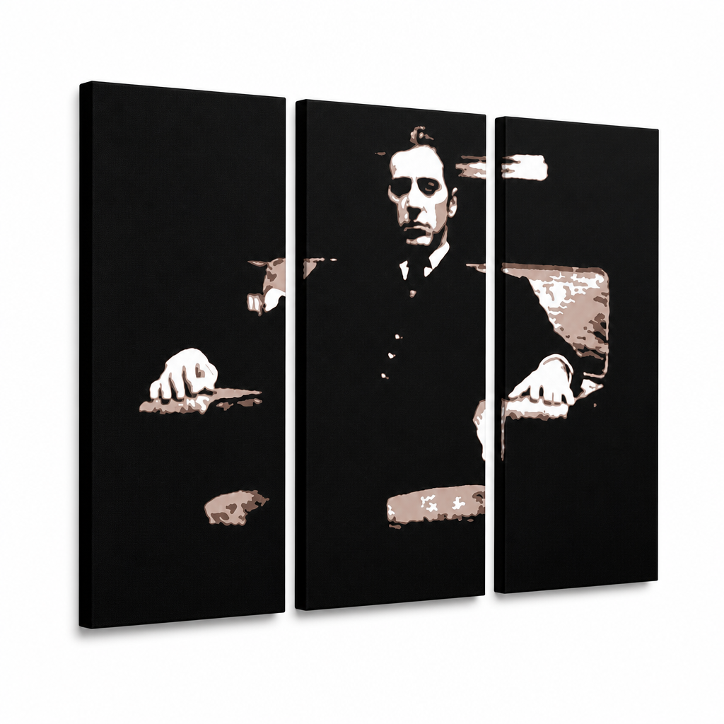 Tablou POP ART pictat manual Nașul 3 buc god10 – Vizualizare 3D a tabloului pictat manual pe fundal alb. Culori dominante: negru, maro, bej.