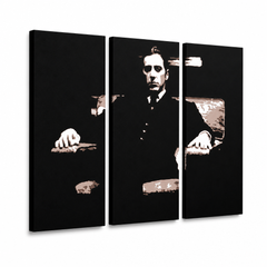 Tablou POP ART pictat manual Nașul 3 buc god10 – Vizualizare 3D a tabloului pictat manual pe fundal alb. Culori dominante: negru, maro, bej.