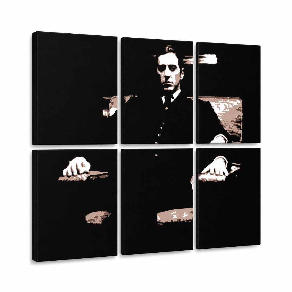 Tablou POP ART pictat manual Nașul 6 buc god11 – Vizualizare 3D a tabloului pictat manual pe fundal alb. Culori dominante: negru, maro, alb.