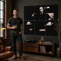 Tablou POP ART pictat manual Nașul 6 buc god11 – tablou într-un interior modern masculin, vizualizare lifestyle. Culori dominante: negru, maro, alb.