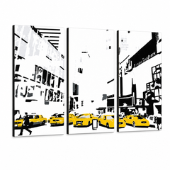 Tablou POP ART pictat manual NEW YORK 3 bucăți 0107 nyc – Vizualizare 3D a tabloului pictat manual pe fundal alb. Culori dominante: galben, negru, alb.