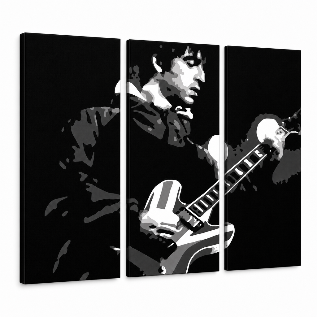 Tablou POP ART pictat manual Oasis 3 bucăți oa2 – Vizualizare 3D a tabloului pictat manual pe fundal alb. Culori dominante: negru, gri, alb, strieborná.