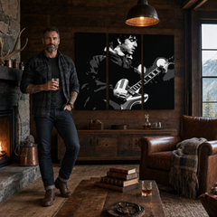 Tablou POP ART pictat manual Oasis 3 bucăți oa2 – tablou într-un interior modern masculin, vizualizare lifestyle. Culori dominante: negru, gri, alb, strieborná.
