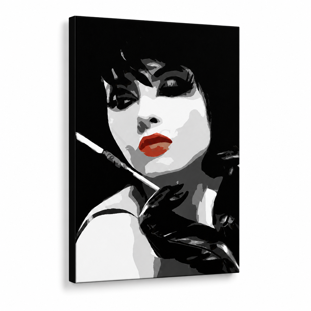 Tablou POP ART pictat manual Pop femeie 1 bucată ppw – Vizualizare 3D a tabloului pictat manual pe fundal alb. Culori dominante: negru, alb, roșu.