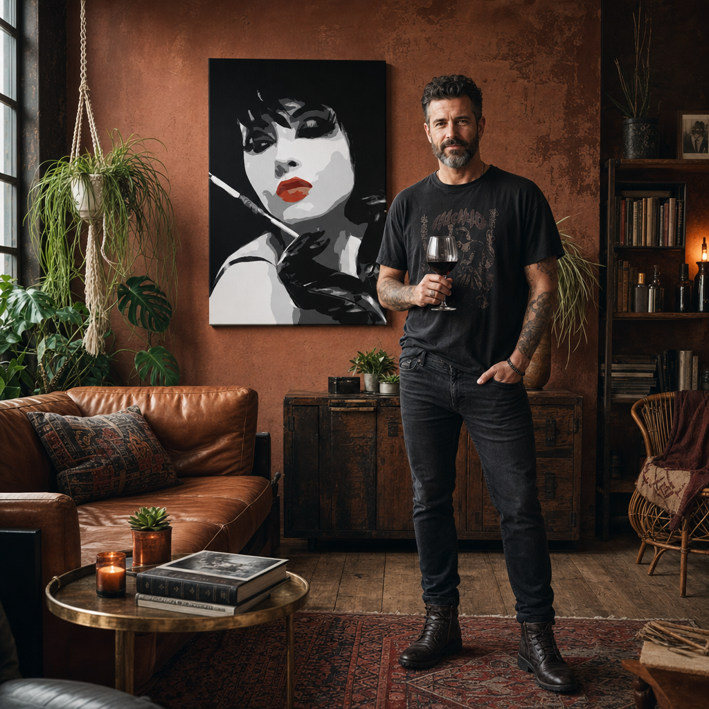 Tablou POP ART pictat manual Pop femeie 1 bucată ppw – tablou într-un interior modern masculin, vizualizare lifestyle. Culori dominante: negru, alb, roșu.