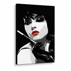 Tablou POP ART pictat manual Pop femeie 1 bucată ppw – Vizualizare 3D a tabloului pictat manual pe fundal alb. Culori dominante: negru, alb, roșu.