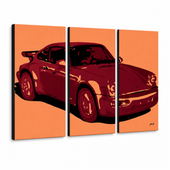 Tablou POP ART pictat manual PORSCHE 911 3 bucăți por – Vizualizare 3D a tabloului pictat manual pe fundal alb. Culori dominante: portocaliu, roșu, negru.