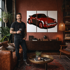 Tablou POP ART pictat manual PORSCHE 911 3 bucăți por2 – tablou într-un interior modern masculin, vizualizare lifestyle. Culori dominante: roșu, negru, alb.