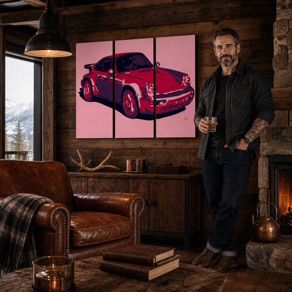 Tablou POP ART pictat manual PORSCHE 911 3 bucăți por3 – tablou într-un interior modern masculin, vizualizare lifestyle. Culori dominante: roșu, roz, negru.