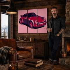 Tablou POP ART pictat manual PORSCHE 911 3 bucăți por3 – tablou într-un interior modern masculin, vizualizare lifestyle. Culori dominante: roșu, roz, negru.