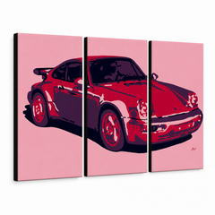 Tablou POP ART pictat manual PORSCHE 911 3 bucăți por3 – Vizualizare 3D a tabloului pictat manual pe fundal alb. Culori dominante: roșu, roz, negru.