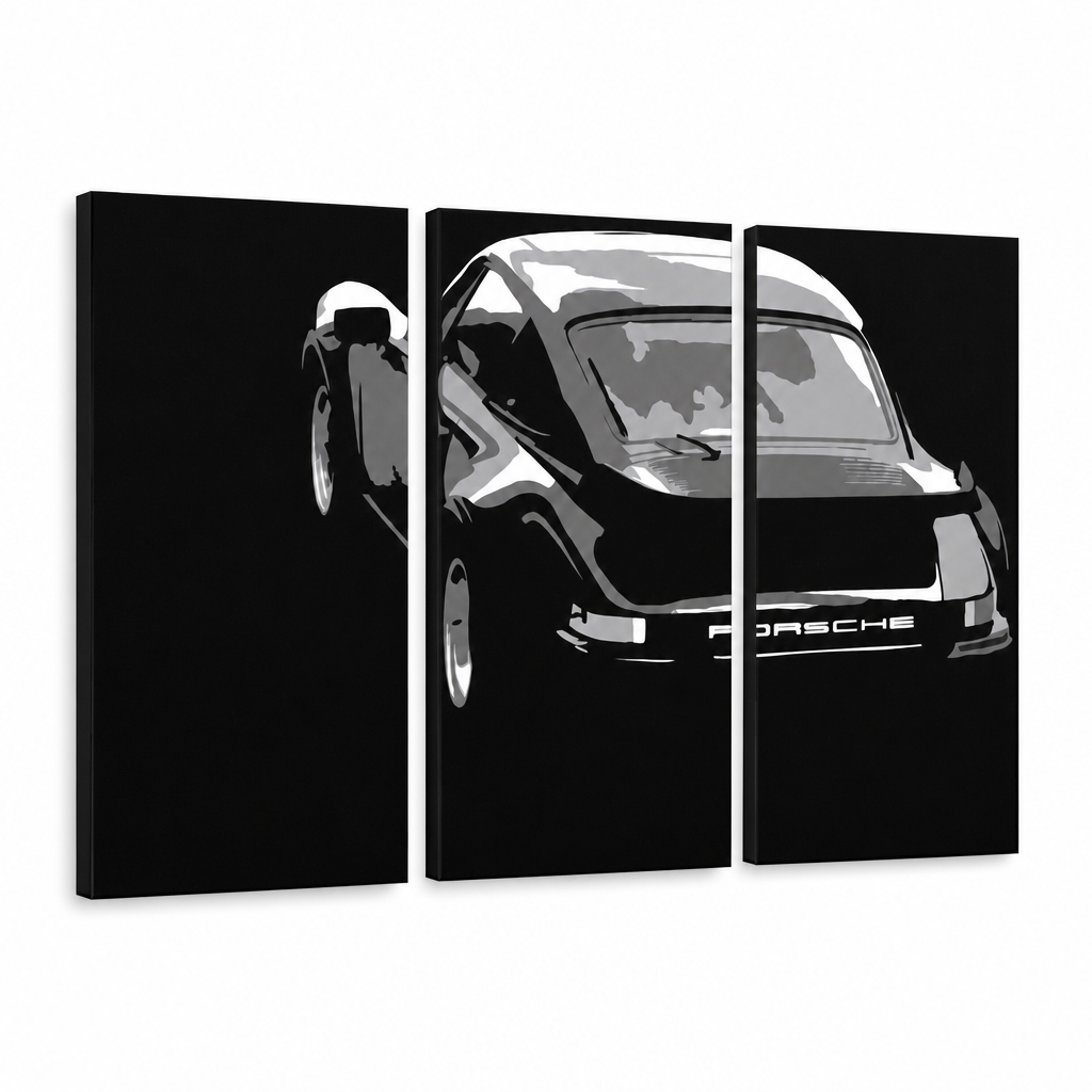 Tablou POP ART pictat manual PORSCHE 911 3 bucăți por4 – Vizualizare 3D a tabloului pictat manual pe fundal alb. Culori dominante: negru, alb, gri.