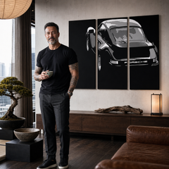 Tablou POP ART pictat manual PORSCHE 911 3 bucăți por4 – tablou într-un interior modern masculin, vizualizare lifestyle. Culori dominante: negru, alb, gri.