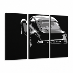 Tablou POP ART pictat manual PORSCHE 911 3 bucăți por4 – Vizualizare 3D a tabloului pictat manual pe fundal alb. Culori dominante: negru, alb, gri.