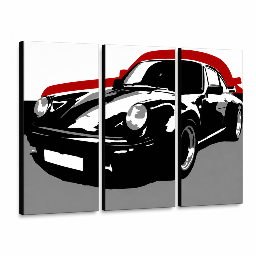 Tablou POP ART pictat manual PORSCHE 911 3 bucăți por5 – Vizualizare 3D a tabloului pictat manual pe fundal alb. Culori dominante: negru, roșu, gri.