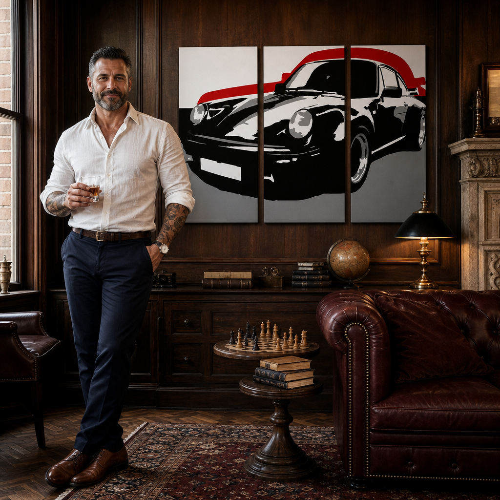Tablou POP ART pictat manual PORSCHE 911 3 bucăți por5 – tablou într-un interior modern masculin, vizualizare lifestyle. Culori dominante: negru, roșu, gri.