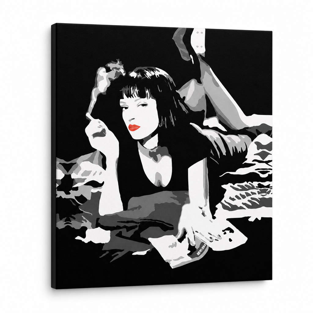 Tablou POP ART pictat manual PULP FICTION 1 buc pulp6 – Vizualizare 3D a tabloului pictat manual pe fundal alb. Culori dominante: negru, alb, roșu.