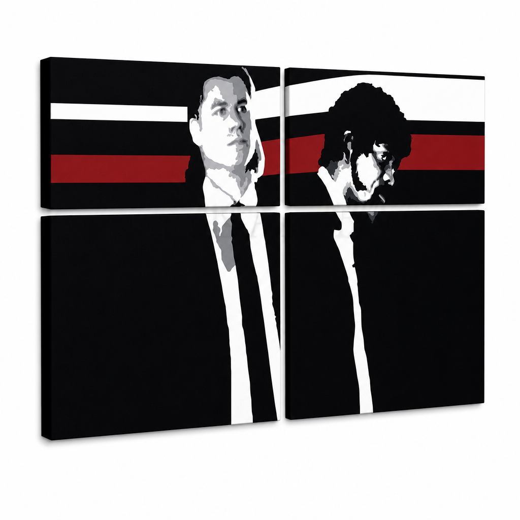 Tablou POP ART pictat manual Pulp Fiction 4 bucăți pulp – Vizualizare 3D a tabloului pictat manual pe fundal alb. Culori dominante: negru, roșu, alb, gri, maro.