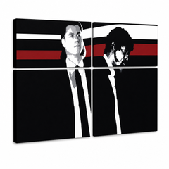 Tablou POP ART pictat manual Pulp Fiction 4 bucăți pulp – Vizualizare 3D a tabloului pictat manual pe fundal alb. Culori dominante: negru, roșu, alb, gri, maro.
