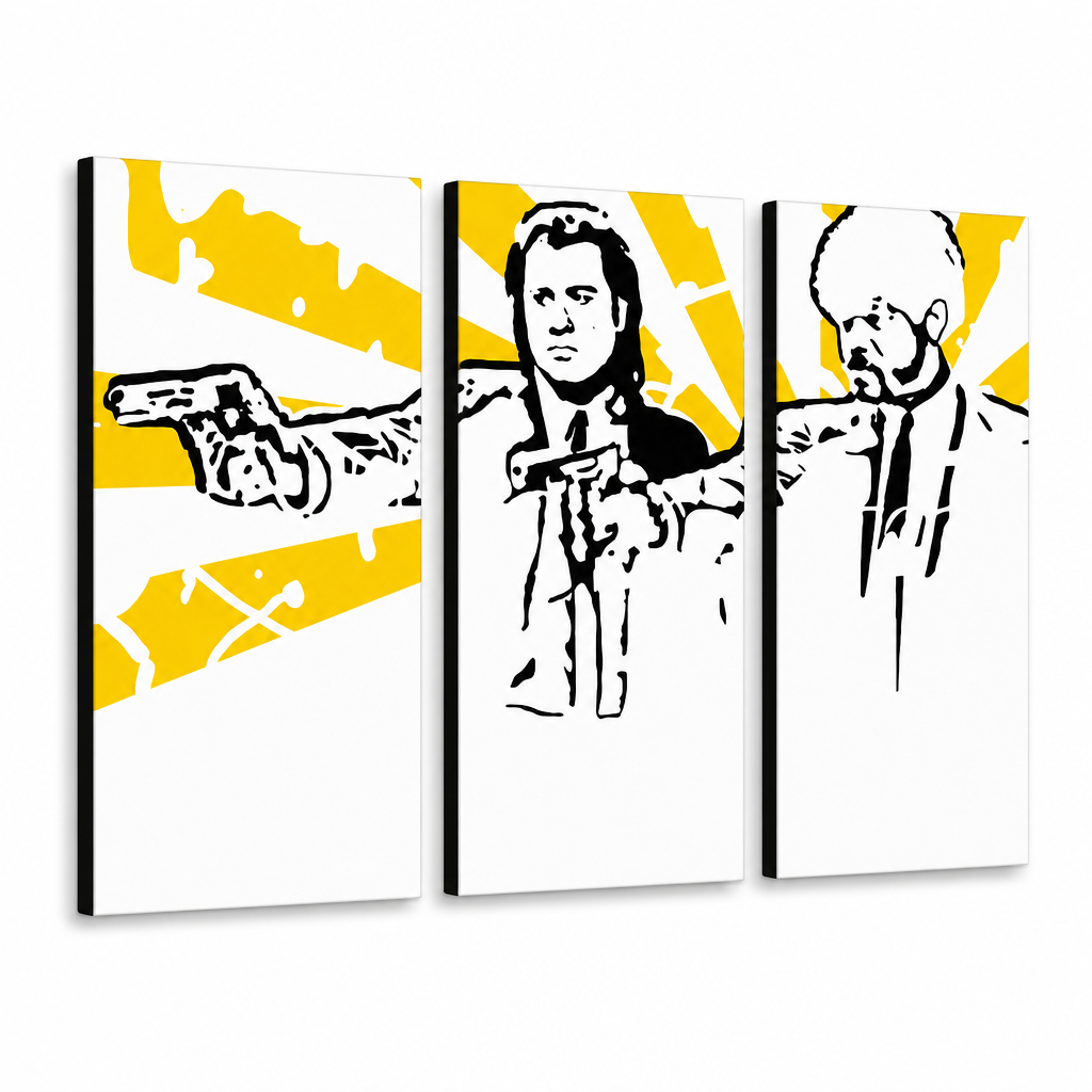 Tablou POP ART pictat manual Pulp ficțiune 3 bucăți pulp2 – Vizualizare 3D a tabloului pictat manual pe fundal alb. Culori dominante: galben, negru, alb.