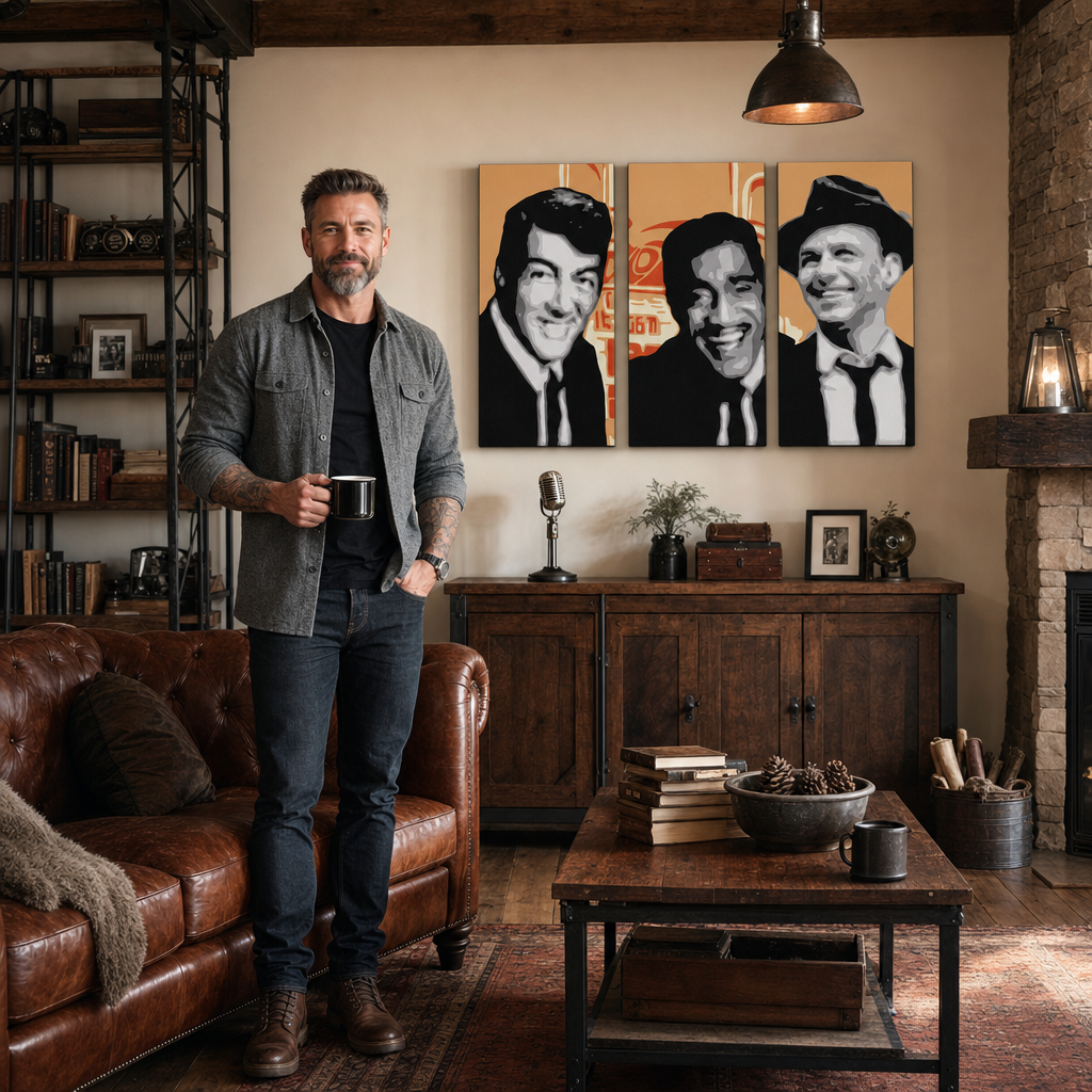 Tablou POP ART pictat manual Rat Pack 3 bucăți rp3 – tablou într-un interior modern masculin, vizualizare lifestyle. Culori dominante: negru, alb, portocaliu.