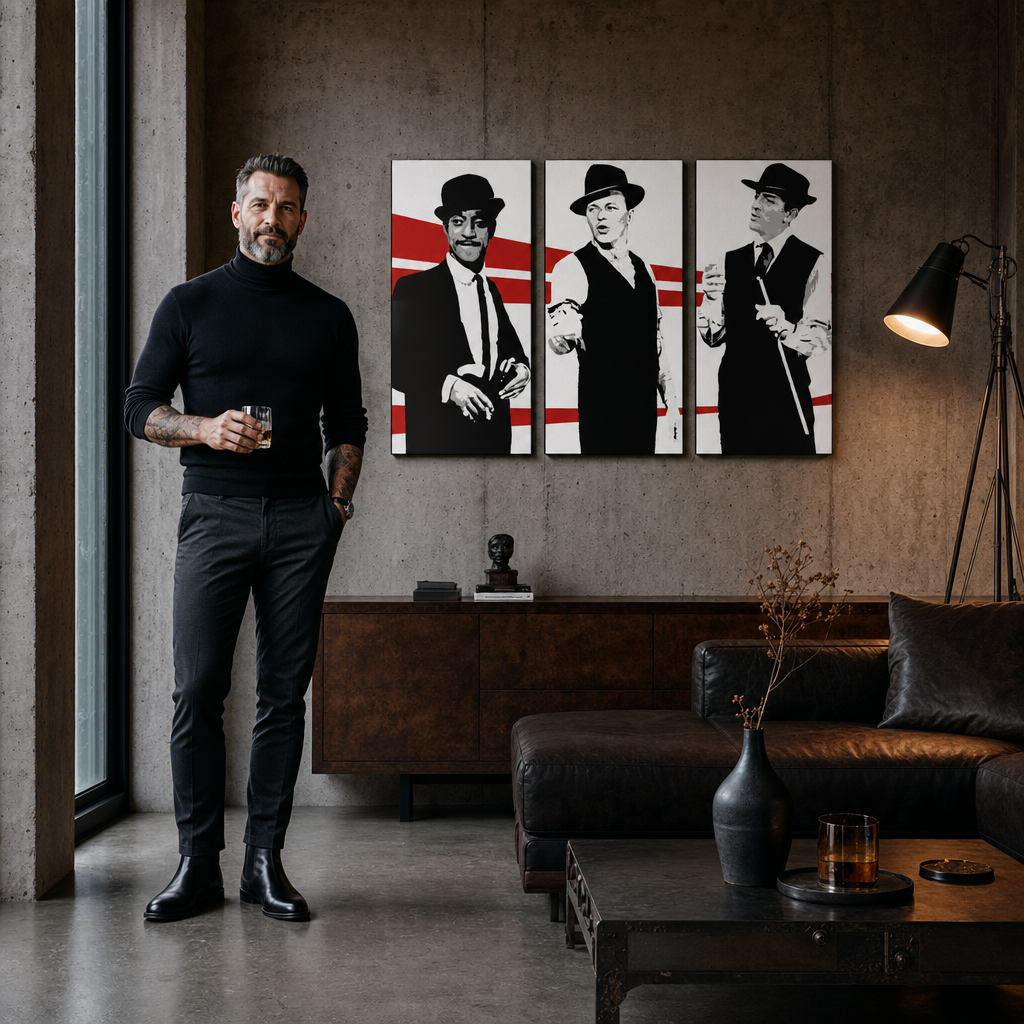 Tablou POP ART pictat manual Rat Pack 3 piese rp – tablou într-un interior modern masculin, vizualizare lifestyle. Culori dominante: negru, alb, roșu.