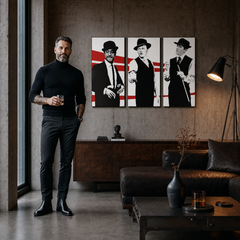 Tablou POP ART pictat manual Rat Pack 3 piese rp – tablou într-un interior modern masculin, vizualizare lifestyle. Culori dominante: negru, alb, roșu.