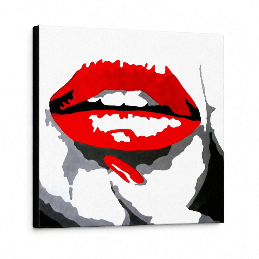 Tablou POP ART pictat manual RED LIPS 1 buc mund – Vizualizare 3D a tabloului pictat manual pe fundal alb. Culori dominante: roșu, negru, alb.