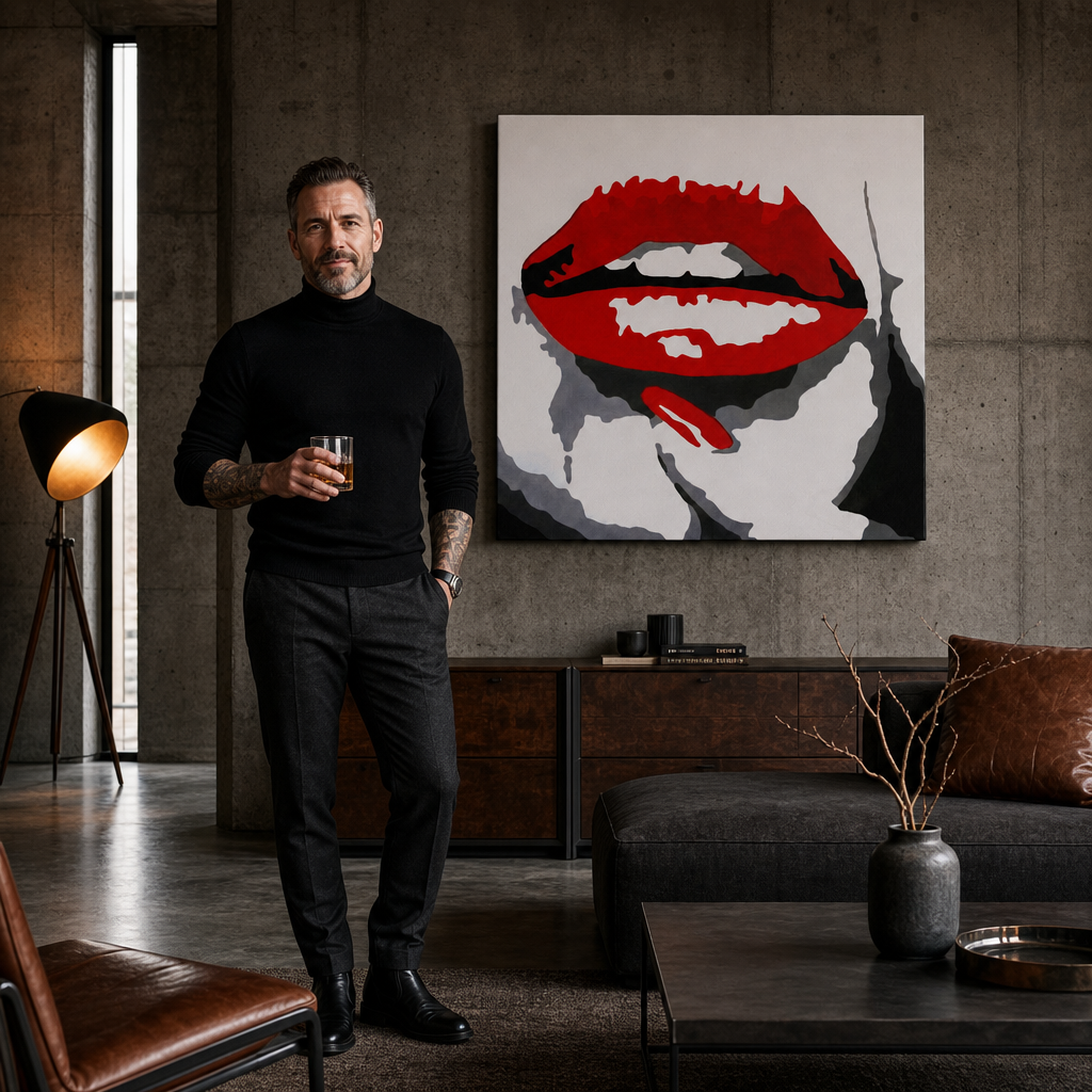 Tablou POP ART pictat manual RED LIPS 1 buc mund – tablou într-un interior modern masculin, vizualizare lifestyle. Culori dominante: roșu, negru, alb.