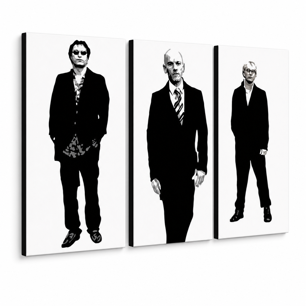 Tablou POP ART pictat manual REM 3 bucăți rem – Vizualizare 3D a tabloului pictat manual pe fundal alb. Culori dominante: negru, alb, gri.