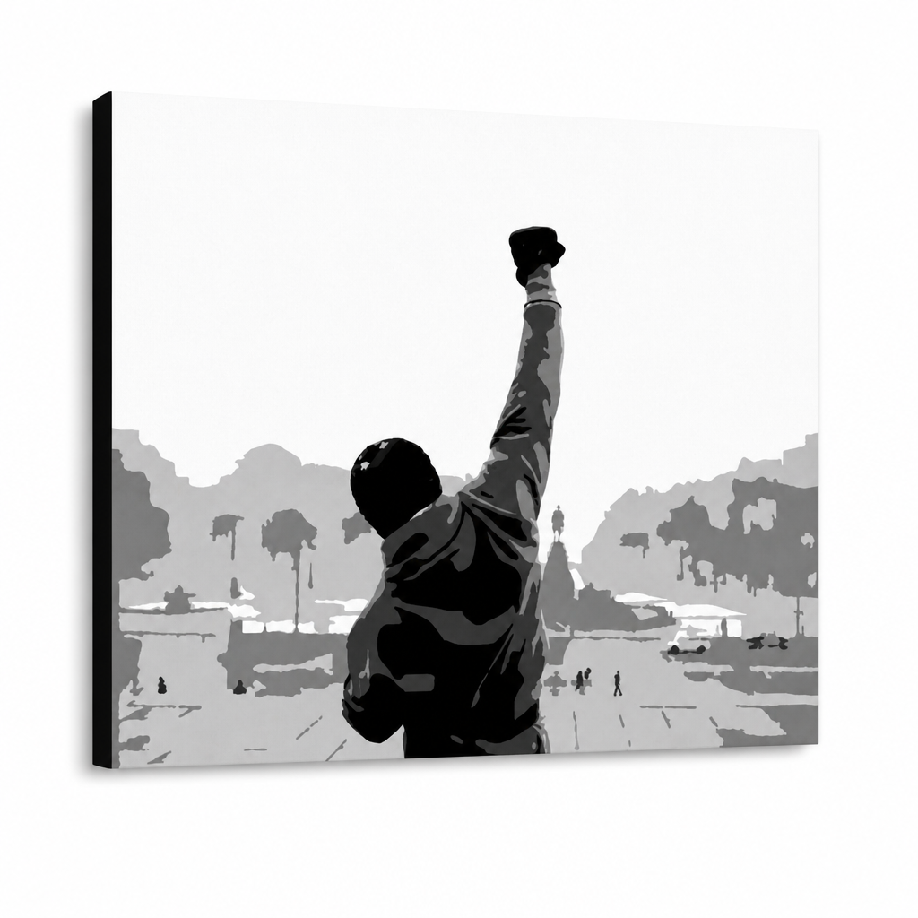 Tablou POP ART pictat manual ROCKY 1 buc rocky – Vizualizare 3D a tabloului pictat manual pe fundal alb. Culori dominante: negru, alb, gri.