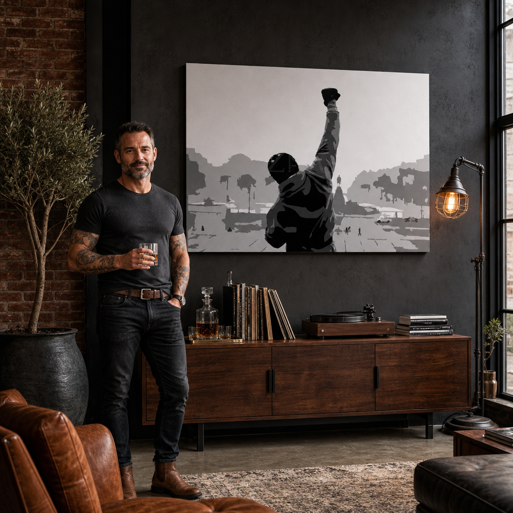 Tablou POP ART pictat manual ROCKY 1 buc rocky – tablou într-un interior modern masculin, vizualizare lifestyle. Culori dominante: negru, alb, gri.