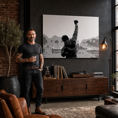 Tablou POP ART pictat manual ROCKY 1 buc rocky – tablou într-un interior modern masculin, vizualizare lifestyle. Culori dominante: negru, alb, gri.