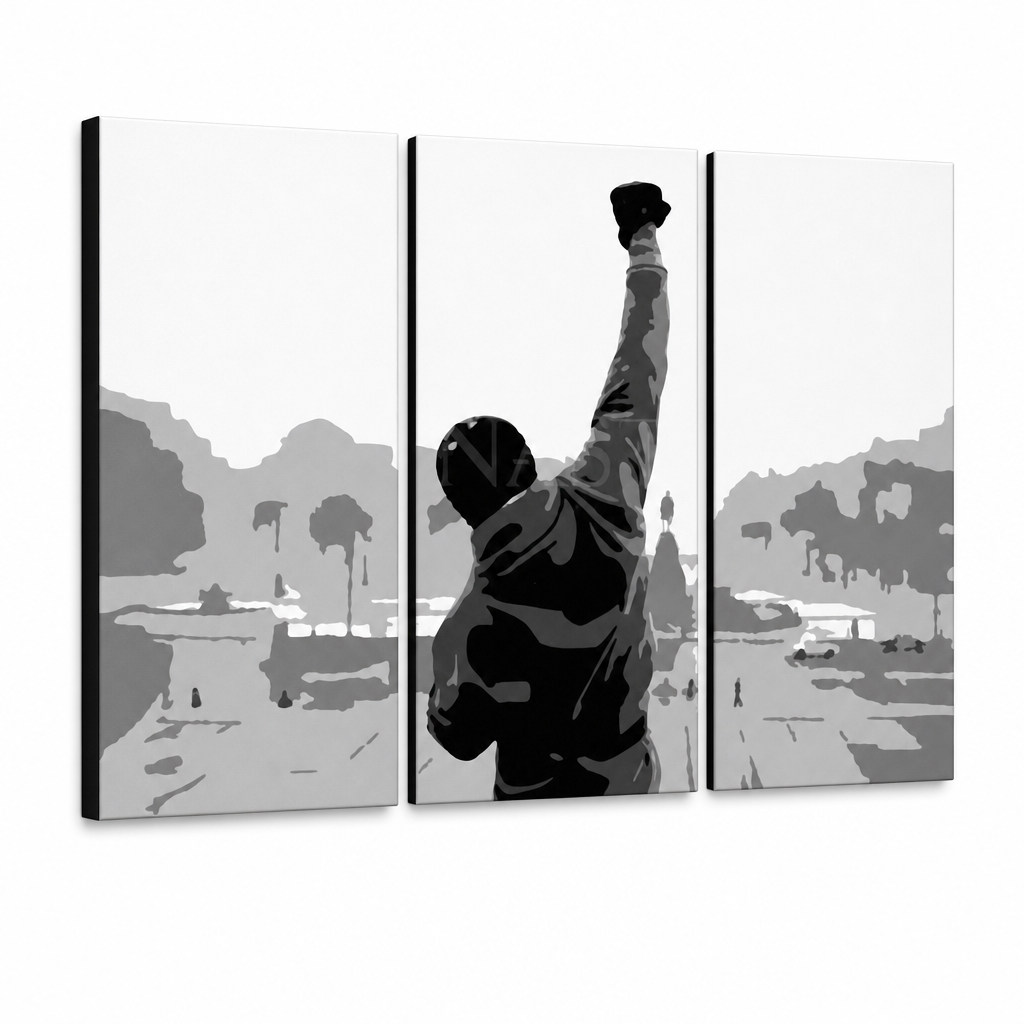 Tablou POP ART pictat manual ROCKY 3 buc rocky2 – Vizualizare 3D a tabloului pictat manual pe fundal alb. Culori dominante: negru, gri, alb.