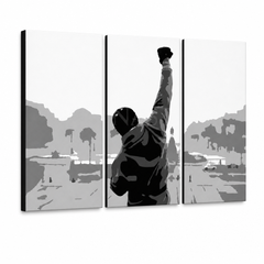 Tablou POP ART pictat manual ROCKY 3 buc rocky2 – Vizualizare 3D a tabloului pictat manual pe fundal alb. Culori dominante: negru, gri, alb.
