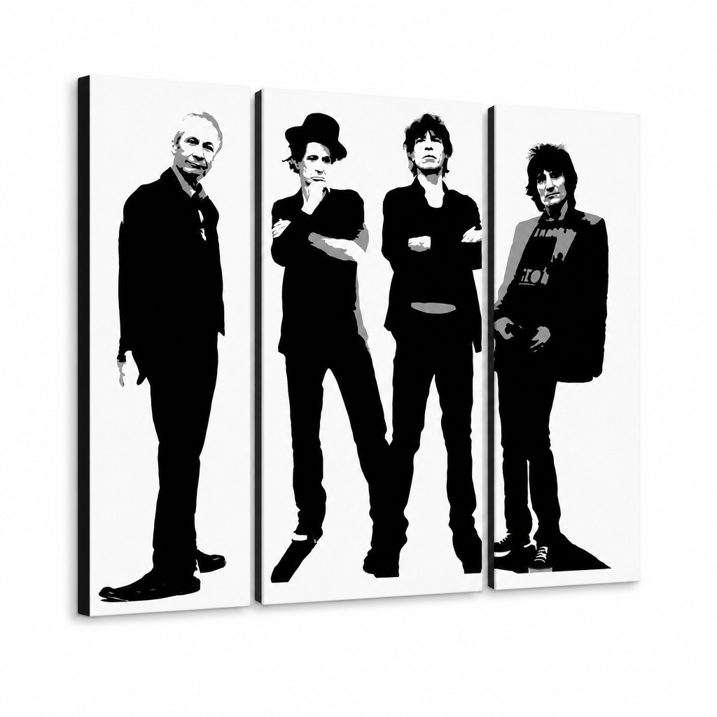 Tablou POP ART pictat manual Rolling Stones 4 buc rs – Vizualizare 3D a tabloului pictat manual pe fundal alb. Culori dominante: negru, alb, gri.