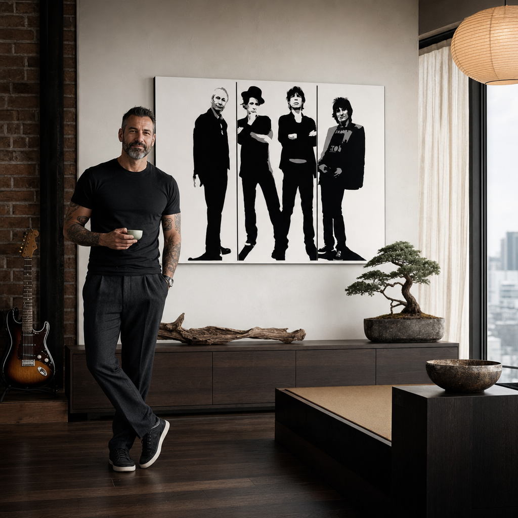 Tablou POP ART pictat manual Rolling Stones 4 buc rs – tablou într-un interior modern masculin, vizualizare lifestyle. Culori dominante: negru, alb, gri.