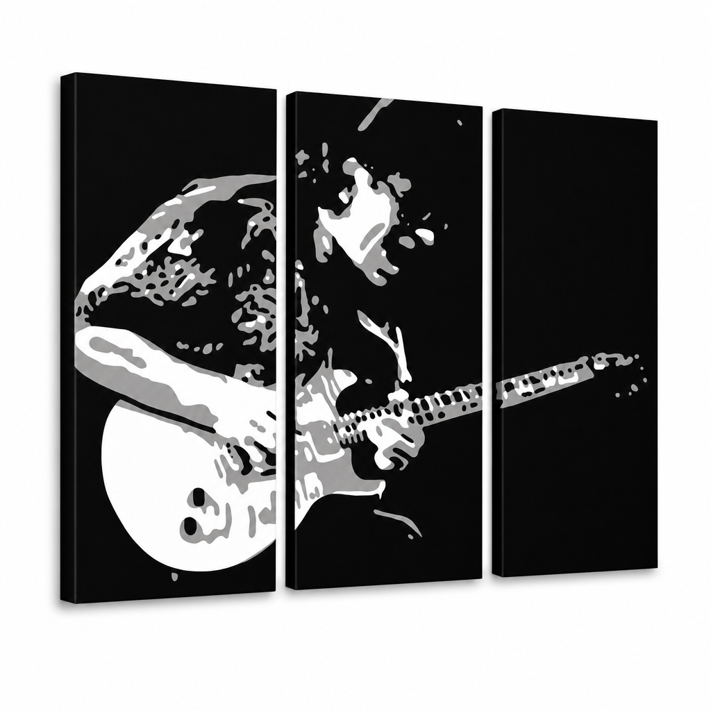 Tablou POP ART pictat manual Santana 3 bucăți san – Vizualizare 3D a tabloului pictat manual pe fundal alb. Culori dominante: negru, alb, gri.