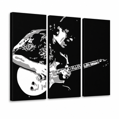 Tablou POP ART pictat manual Santana 3 bucăți san – Vizualizare 3D a tabloului pictat manual pe fundal alb. Culori dominante: negru, alb, gri.