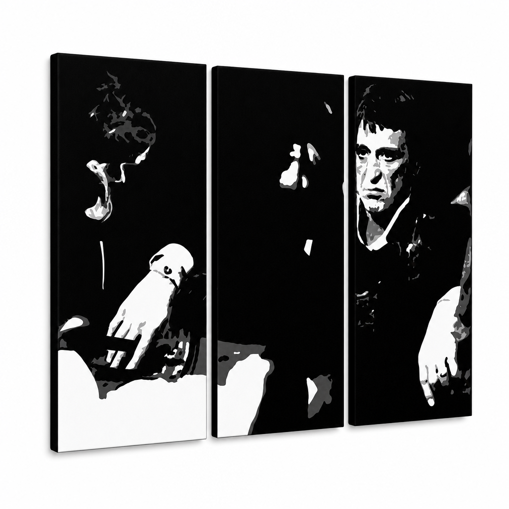 Tablou POP ART pictat manual SCARFACE-AL PACINO 6 bucăți al5 – Vizualizare 3D a tabloului pictat manual pe fundal alb. Culori dominante: negru, alb.