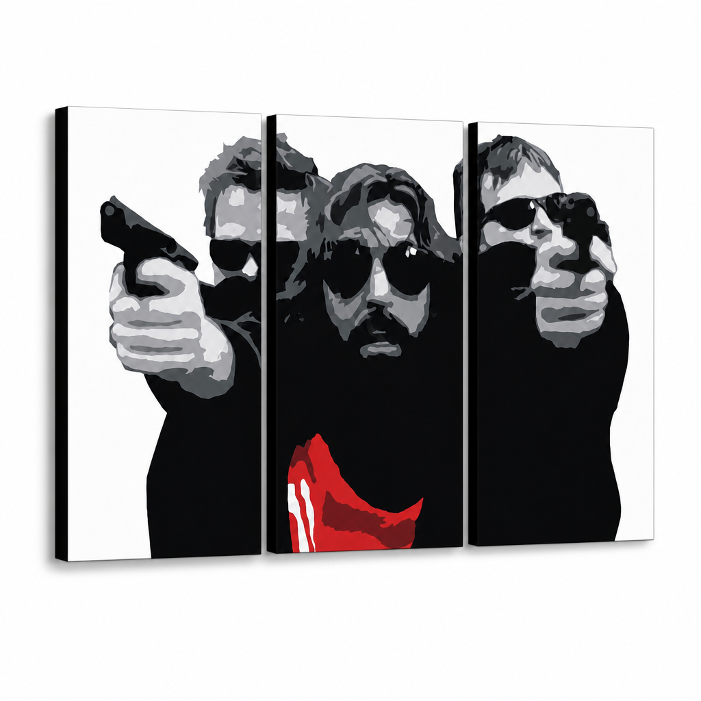 Tablou POP ART pictat manual Sfântul bondock 3 bucăți tbs – Vizualizare 3D a tabloului pictat manual pe fundal alb. Culori dominante: negru, alb, roșu.
