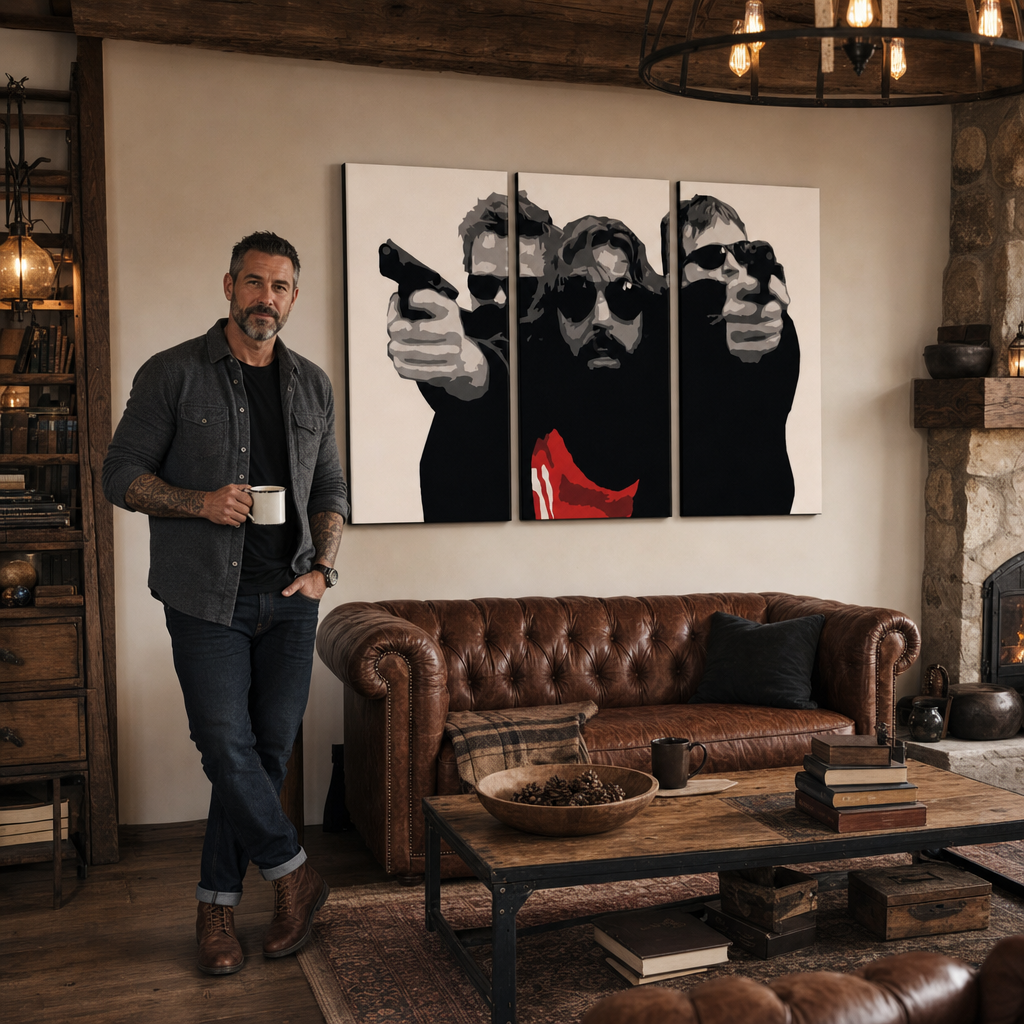 Tablou POP ART pictat manual Sfântul bondock 3 bucăți tbs – tablou într-un interior modern masculin, vizualizare lifestyle. Culori dominante: negru, alb, roșu.